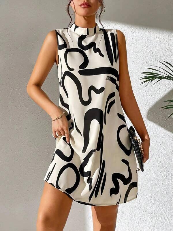 European And American Printed Stand Collar Dress-4