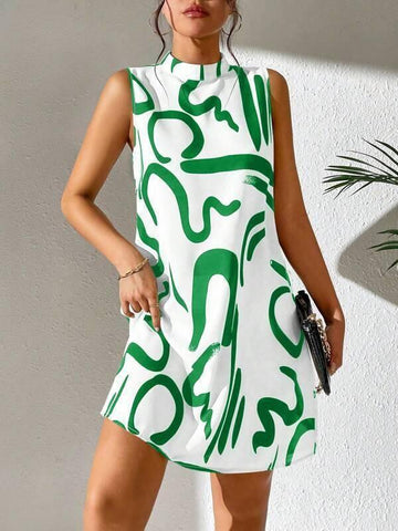 European And American Printed Stand Collar Dress-Green-8