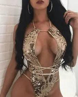 European And American Sequined Ladies One-piece Sexy Halter-Golden-4