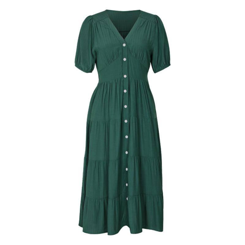 European And American Solid Color Summer Dress-Green-11