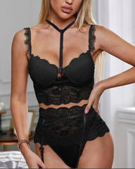 European And American Style Push Up Bra Lace Lingerie Set-Black-1