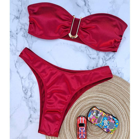 European And American Swimsuit Sexy U-shaped V Iron Swimsuit-Wine Red-5