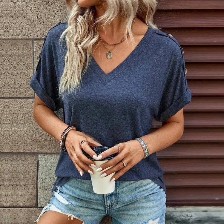 European And American Top Solid Color Button Fashion Short-Dark Blue-7