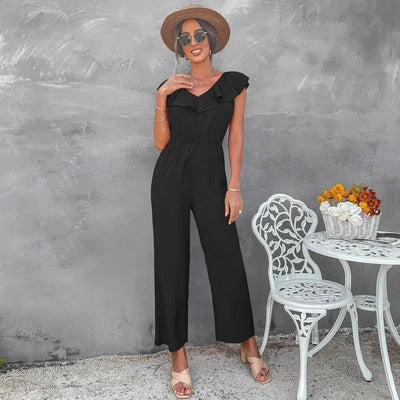 European And American Women's Solid Color Open Back Jumpsuit-Black-3