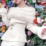 LOVEMI  Evening Dresses Lovemi -  Women's Fashion Casual Off-shoulder Imitation Fox Fur Rhinestone Coat Short Skirt Two-piece Set