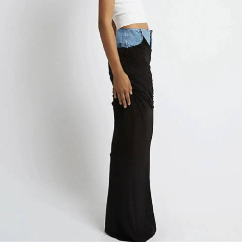 Fashion Black Panel Denim Skirt-4