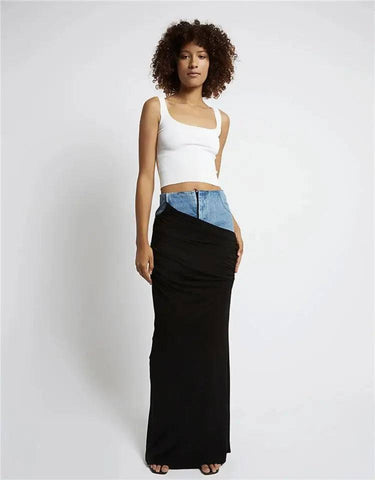 Fashion Black Panel Denim Skirt-Black-6
