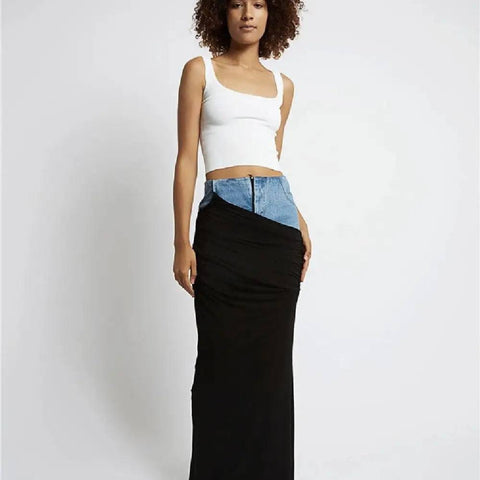 Fashion Black Panel Denim Skirt-8