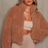 Fashion Cashmere Cardigan Short Jacket Lamb Wool Coat Women-Brown-1
