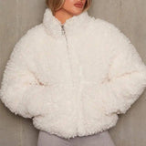 Fashion Cashmere Cardigan Short Jacket Lamb Wool Coat Women-White-5