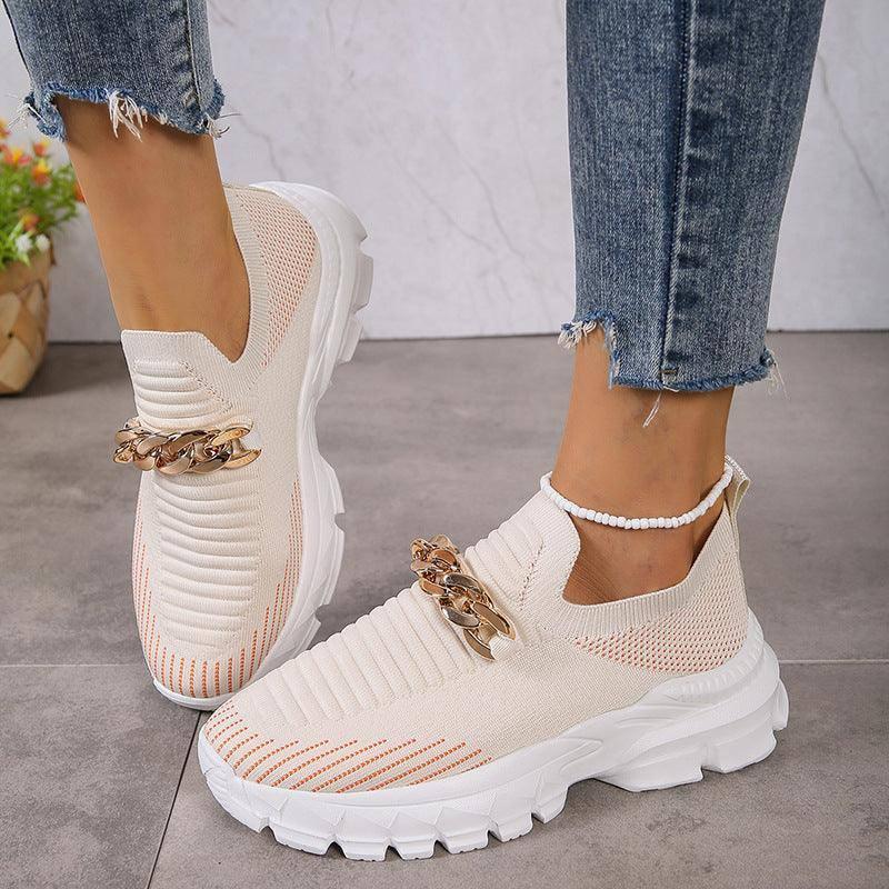 Fashion Chain Design Shoes For Women Breathable Casual Soft Sole Walking Sock Slip On Flat Shoes-Beige-3