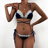 Fashion Classic Sexy Bikini Split Lace Swimsuit-Blue-3