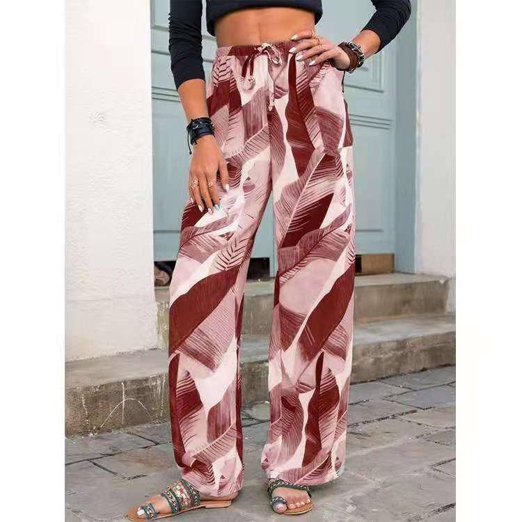 Fashion Drawstring Leaf Print Beach Pants Summer Casual-Pink-2