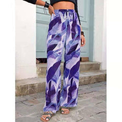 Fashion Drawstring Leaf Print Beach Pants Summer Casual-Dark Purple-3