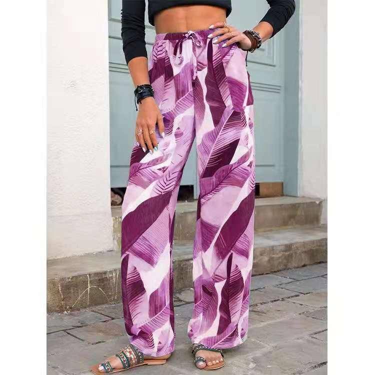 Fashion Drawstring Leaf Print Beach Pants Summer Casual-Purple-4