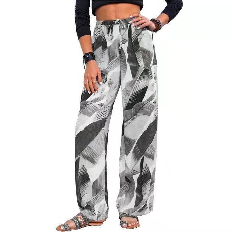 Fashion Drawstring Leaf Print Beach Pants Summer Casual-Grey-6