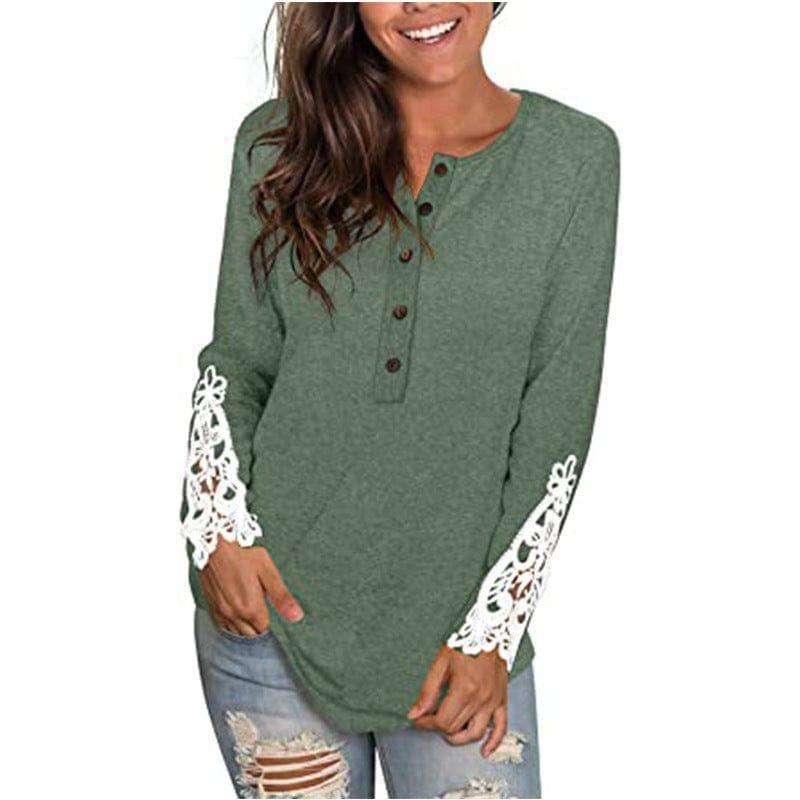 Fashion Lace T-shirt Top For Women-Green-5
