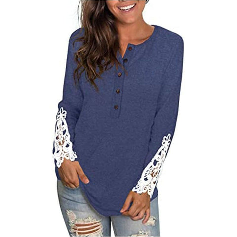 Fashion Lace T-shirt Top For Women-Denim Blue-8