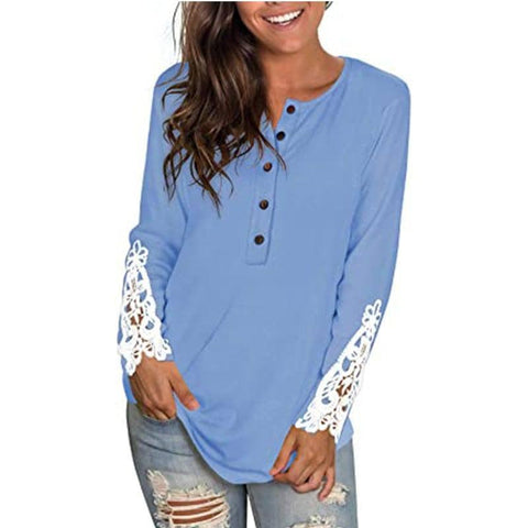 Fashion Lace T-shirt Top For Women-Light Blue-9