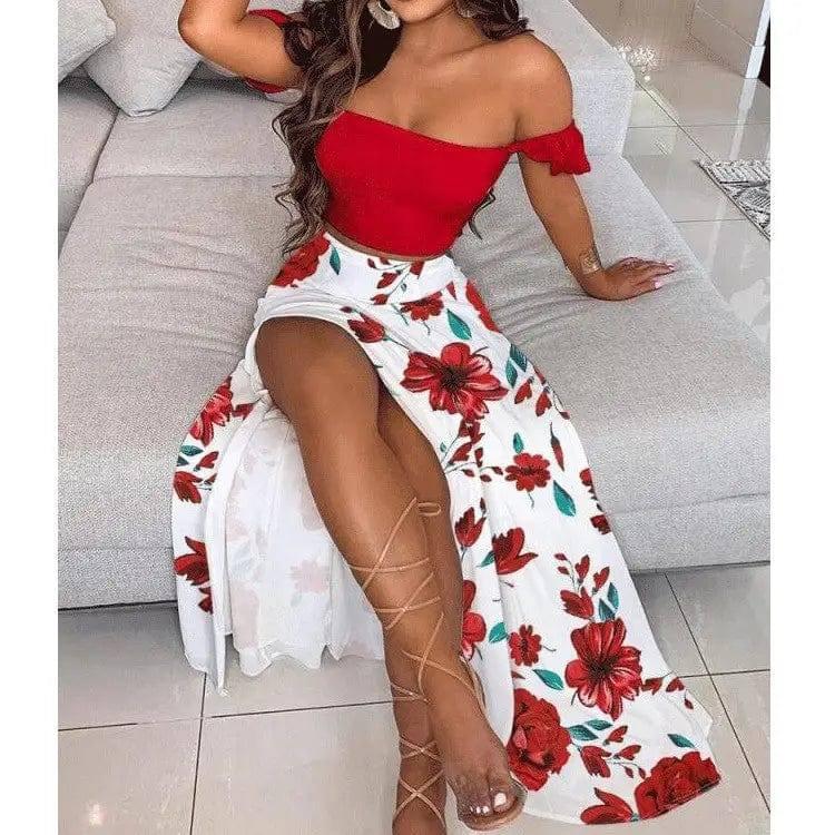 Fashion One-piece Collar Top Slit Long Skirt Two-piece Suit-Red-1