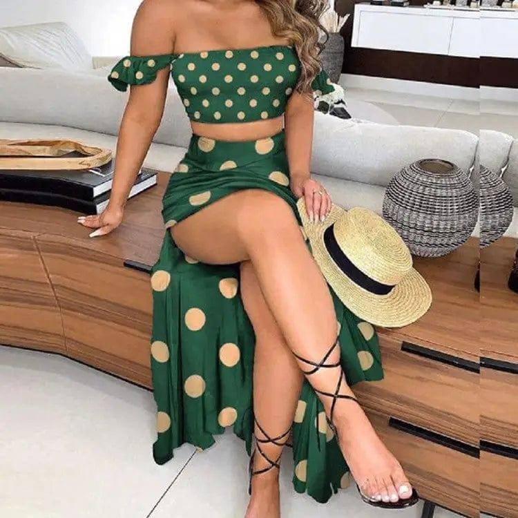 Fashion One-piece Collar Top Slit Long Skirt Two-piece Suit-Green-2