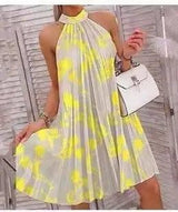 Fashion Printed Neck Sleeveless Backless Short Mini Dress-Yellow-3
