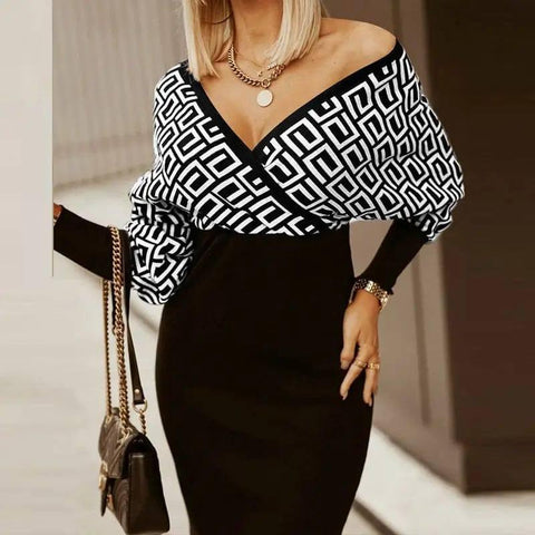Fashion Printed V-neck Bag Hip Mid-waist Dress-Black maze-6