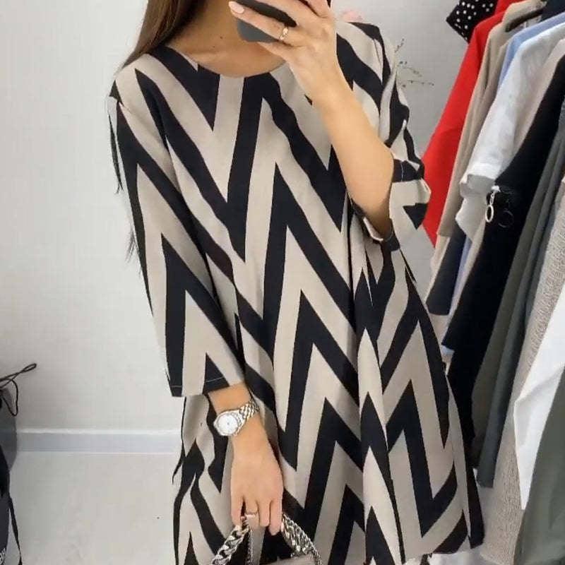 Fashion Round Neck Loose Slimming Stripes Dress-2