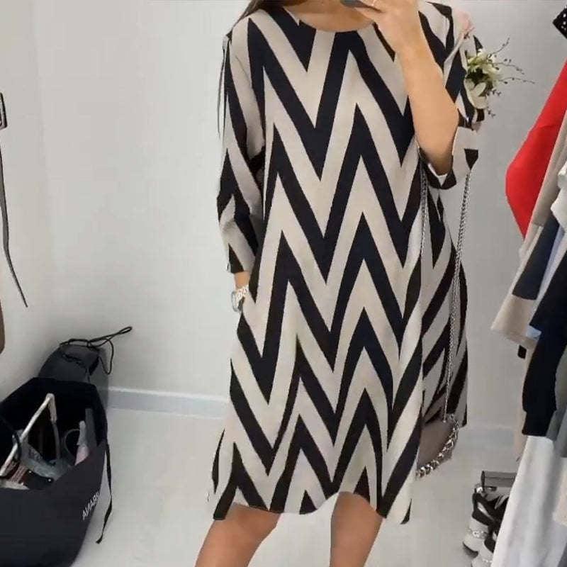 Fashion Round Neck Loose Slimming Stripes Dress-4