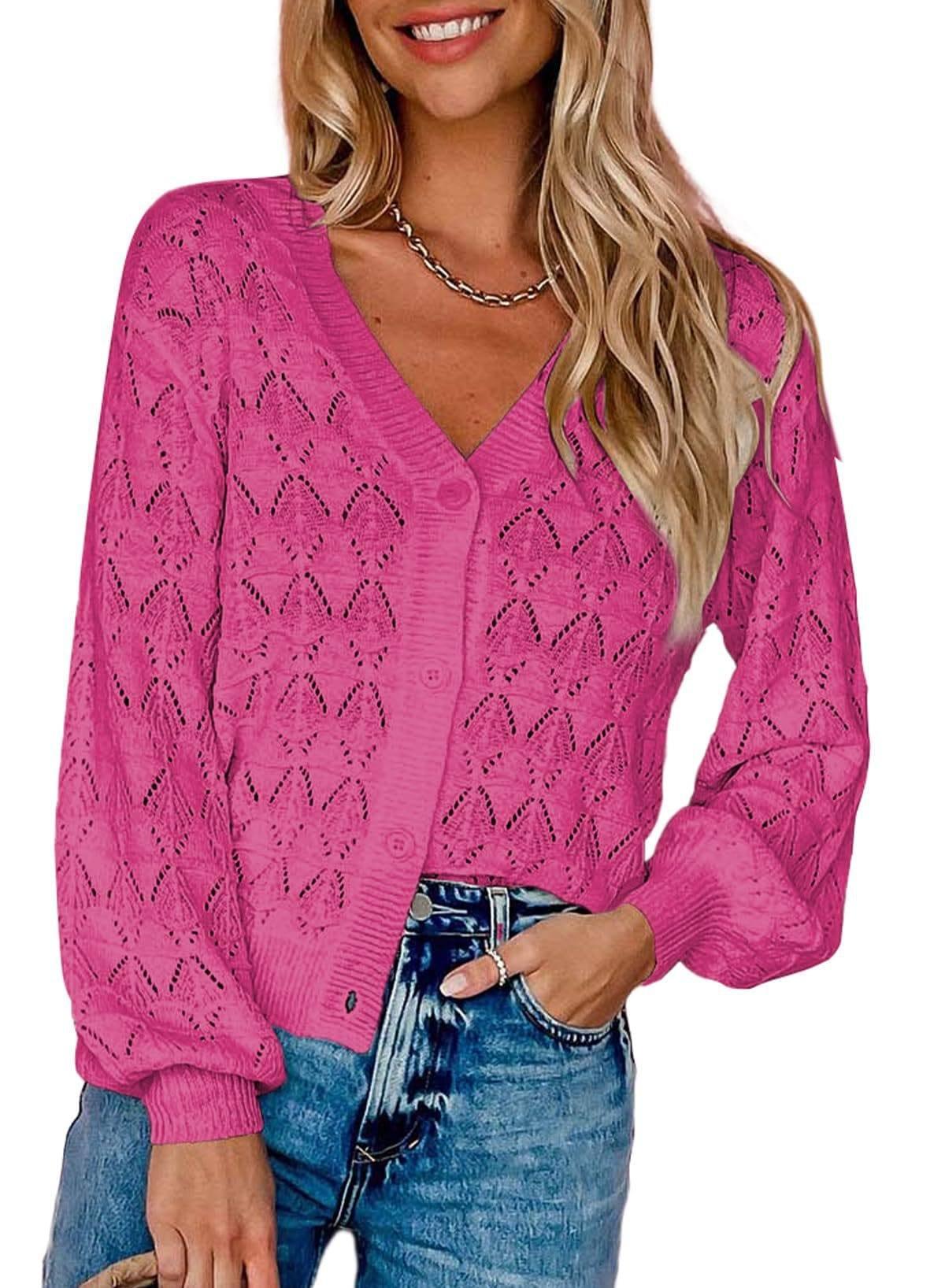 Fashion Short Cardigan Knitted Sweaters Women Autumn And-Rose Red-4