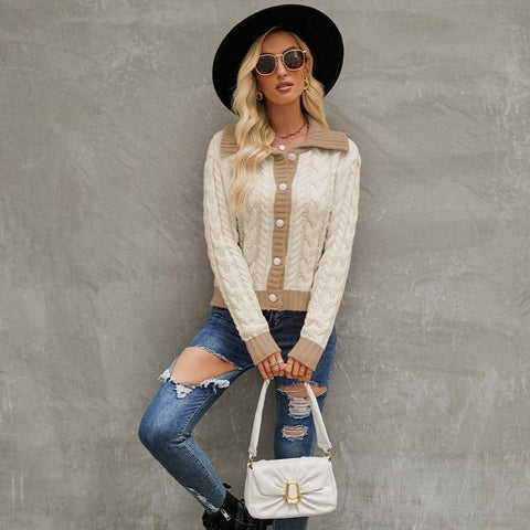 Fashion Short Lapel Knitted Cardigan Single-breasted Sweater-Apricot-1