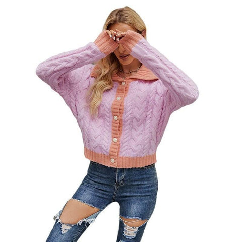 Fashion Short Lapel Knitted Cardigan Single-breasted Sweater-2