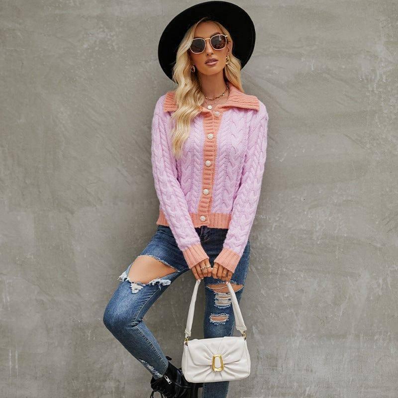 Fashion Short Lapel Knitted Cardigan Single-breasted Sweater-Purple-3