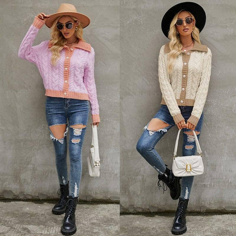 Fashion Short Lapel Knitted Cardigan Single-breasted Sweater-4