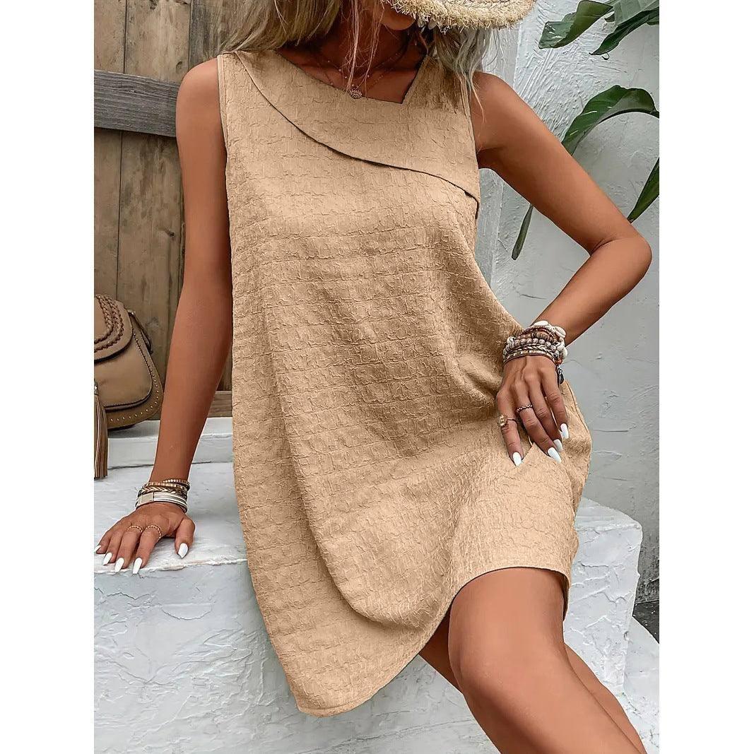Fashion Solid Color Sleeveless Dress Summer Slim-Wheat-10
