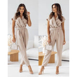 Fashion Solid Color Slimming Short-sleeved Jumpsuit Summer-Apricot-4