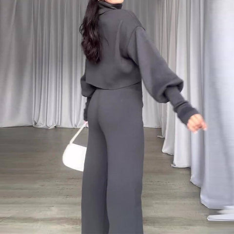 Fashion Suit Gray Turtleneck Long-sleeved Top And-2