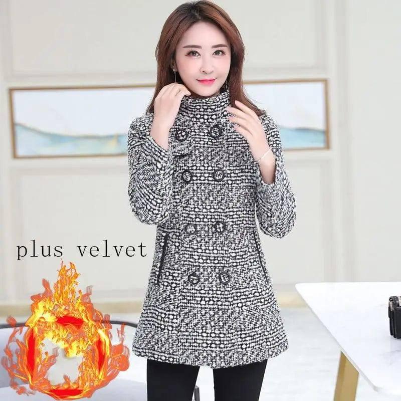 Fashion Thick Plaid woolen coat women's clothing-Black plus velvet-7