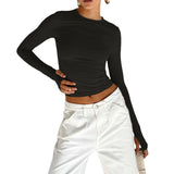 Fashion Women T-shirt Long Sleeve Crew Neck Solid Slim Fit-black-21