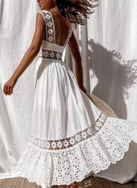 Fashionable lace sleeveless patchwork large hem long dress-2