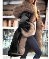 Faux crystal fox fur collar fur collar hooded jacket-Black-1