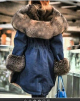 Faux crystal fox fur collar fur collar hooded jacket-Bule-5