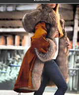 Faux crystal fox fur collar fur collar hooded jacket-Brown-6