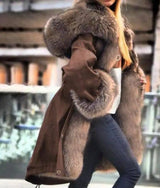 Faux crystal fox fur collar fur collar hooded jacket-Dark brown-7