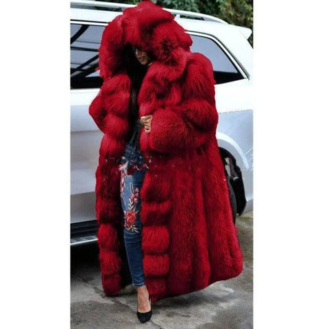 Faux Fur Coat Women Long Hooded Fur Coat-Red-3