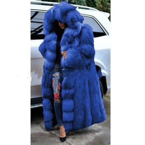 Faux Fur Coat Women Long Hooded Fur Coat-Blue-4