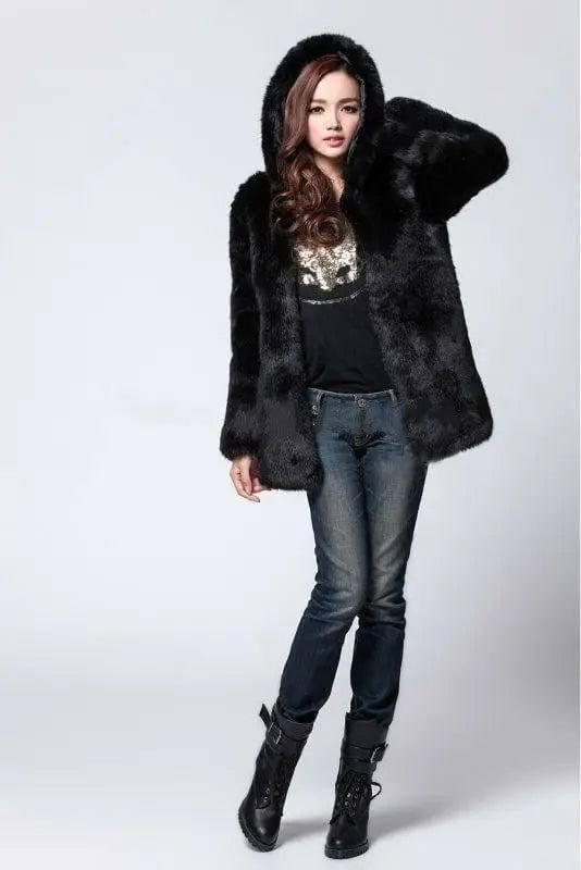 Faux fur women's hooded coat mid-length coat-Black-3