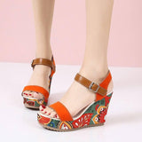 Floral Embroidered High Wedge Sandals-Orange-3