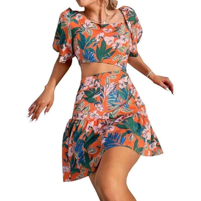 Floral Print Plus-Size Women's Dress-Orange-2
