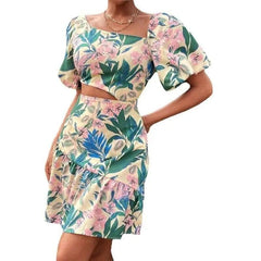 Floral Print Plus-Size Women's Dress-Yellow-4
